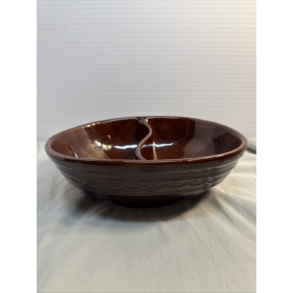 Vintage Marcrest Stoneware Daisy Dot Brown Divided Serving Bowl Oven Proof